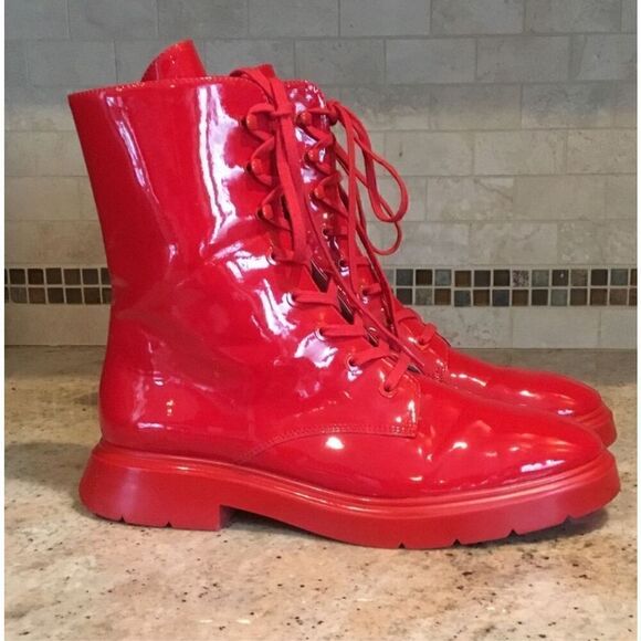 Stuart Weitzman McKenzee Red Patent Leather Lace Up Combat Boots Women’s size 7 - Picture 4 of 11